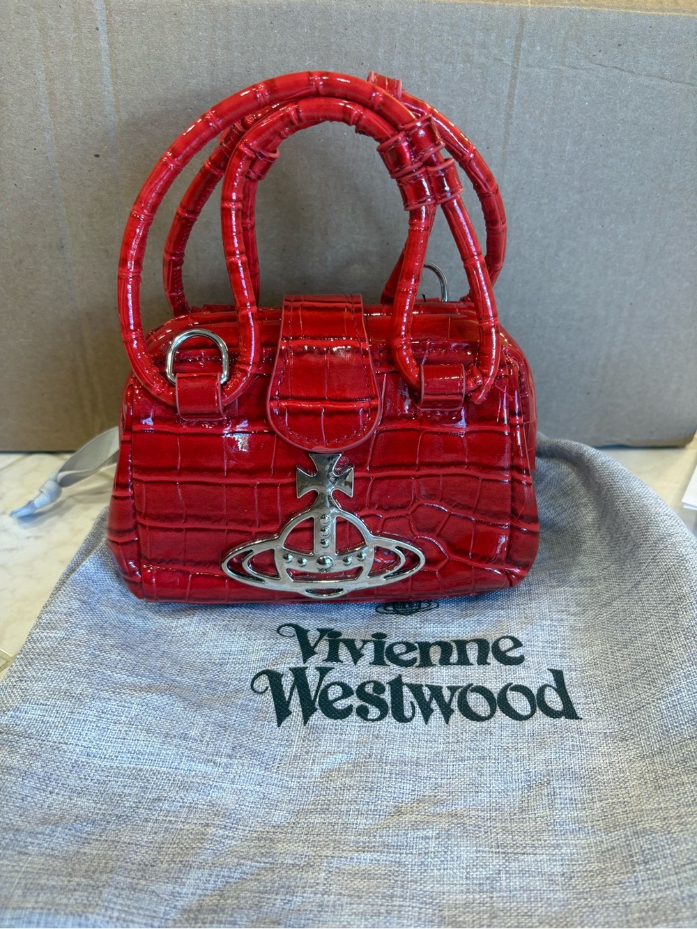 Vivienne Westwood Red Croc-Embossed Mini Satchel with Silver Orb